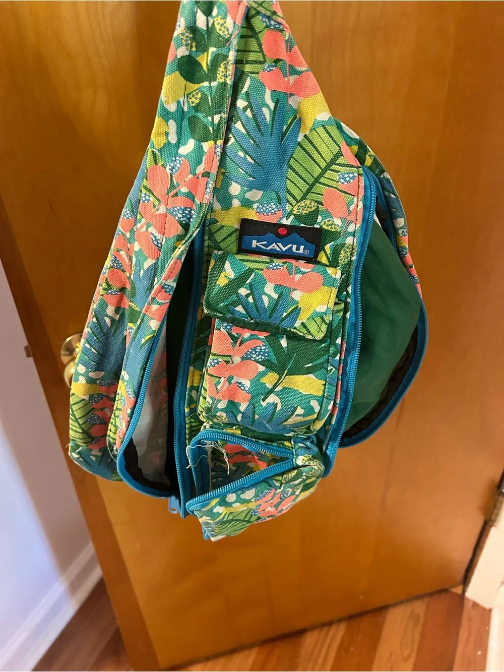 Kavu Floral Sling Bag in Teal, Coral and Yellow